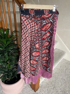Pure Silk Reversible Boho Red Paisley Mixed-Print True Wrap Skirt OS